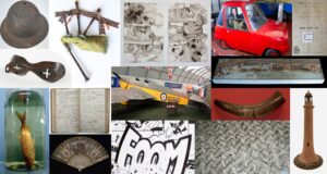 A photo montage of twelve objects including a steel helmet, an orange fish in a glass container, bagpipes, a fan, a model lighthouse and a tiny red car.
