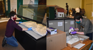 Two images have been places side by side The left shows an adult with light skin and short dark hair preparing a display case. The right shows the same person safely packing Japanese objects in to crepe paper and cardboard boxes.