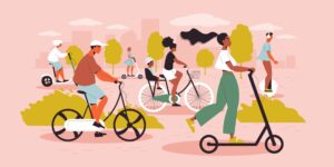 A digital illustration of people using different types of personal transport.
