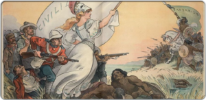 An illustration of a white woman wearing a white flowing dress and a helmet and holding a banner with "Civilisation" written on it. Beneath her is a man of colour who is cowering. Behind her is a group of white men holding guns. They are pointing the guns towards a group of people of colour wearing loincloths and holding spears and shields. The people of colour are led by a man of colour on a white horse holding a banner with "barbarism" written on it.