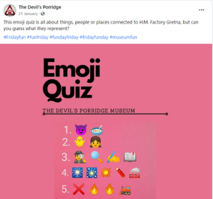 A screengrab of a twitter tweet by The Devils Porridge Museum of an emoji quiz relating to the museum and it's history.