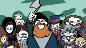 A digital illustration of a crowd of people. At the front of the crowd is an adult with a red beard, an axe, and an menacing grin.