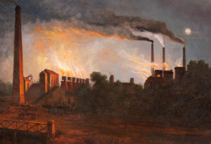 A painting of four large smoking chimney stacks emitting large clouds of smoke into the sky at dusk. Smaller chimney stacks and buildings are also emitting smoke, they are all painted in orange and brown tones so that it looks like the sky is on fire.