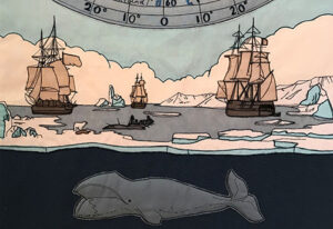 This close-up section of a piece of textile art features a grey whale floating below three old fashioned ships. There are patches of ice on the water.