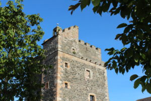 The upper floors of a fortified stone tower are viewed from between the branches of two trees. The tower has battlements and several small windows.