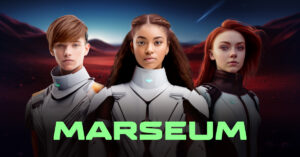 Three young people dressed in white spacesuits look forward, with a red sandy background behind them. The image is overlayed with bright green text which reads 'MARSEUM'