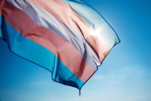 Closeup of a transgender pride flag waving against a blue sky.