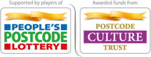 The logo of the People's Postcode Lottery's Postcode Culture Trust. On the left is a white box, above which is the text " Supported by players of". The box contains a gold ribbon and the text "People's Postcode Lottery". On the right is another white box, above which is the text "Awarded funds from". This box contains a gold ribbon and the text "Postcode Culture Trust".