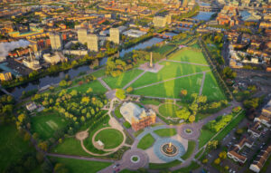 Aerial view of Glasgow Green, People's Palace, and the River Clyde