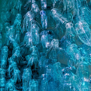A mass of jellyfish, made of plastic bottles, suspended from a ceiling.