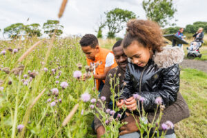 An adult with dark skin, short black hair, and a short black beard crouches next to two children with medium-dark skin and brown hair. The children are examining some thistles growing in tall grass.
