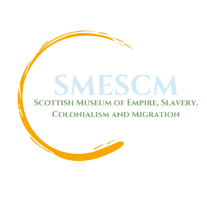 The words "SMESCM Scottish Museum of Empire, Slavery, Colonialism and Migration" sit inside a golden swirl forming a C shape.