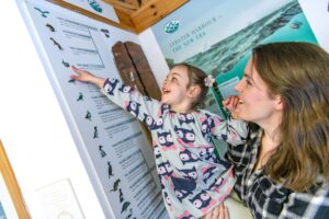An adult with light skin and long straight brown hair holds a young child with light skin and plaited brown hair in their arms. The child is smiling and pointing to a panel covered in illustrations of British wildlife.