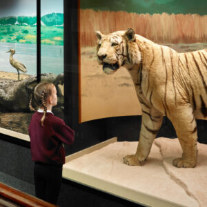 A child with light skin and blonde braided hair looks at a taxidermy tiger in a case.
