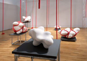 Long red ropes descend from the ceiling of a large gallery which has white walls and a wooden floor. Several ropes are tied around large white ceramic shapes spread across the gallery.