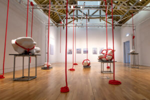 Long red ropes hang from metal beams which run across the ceiling of a large gallery which has white walls and a wooden floor. Five of the ropes are tied around large white ceramic shapes.