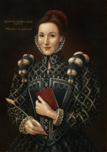 A portrait of an adult with light skin and brown hair wearing an elaborate dark blue dress with ruffled sleeve. They are holding a book and quill in their hands.