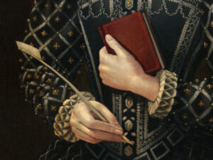 Detail of a portrait of an adult with light skin wearing an elaborate dark blue dress with ruffled sleeve. They are holding a book and quill in their hands.