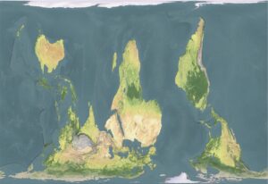 A map of the world with South at the top.