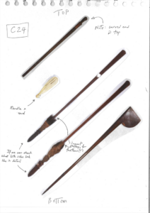 Images of wooden Māori club weapons which have been cut out and pasted on to a white sheet of paper. Hand drawn labels and arrows point to several of the images.
